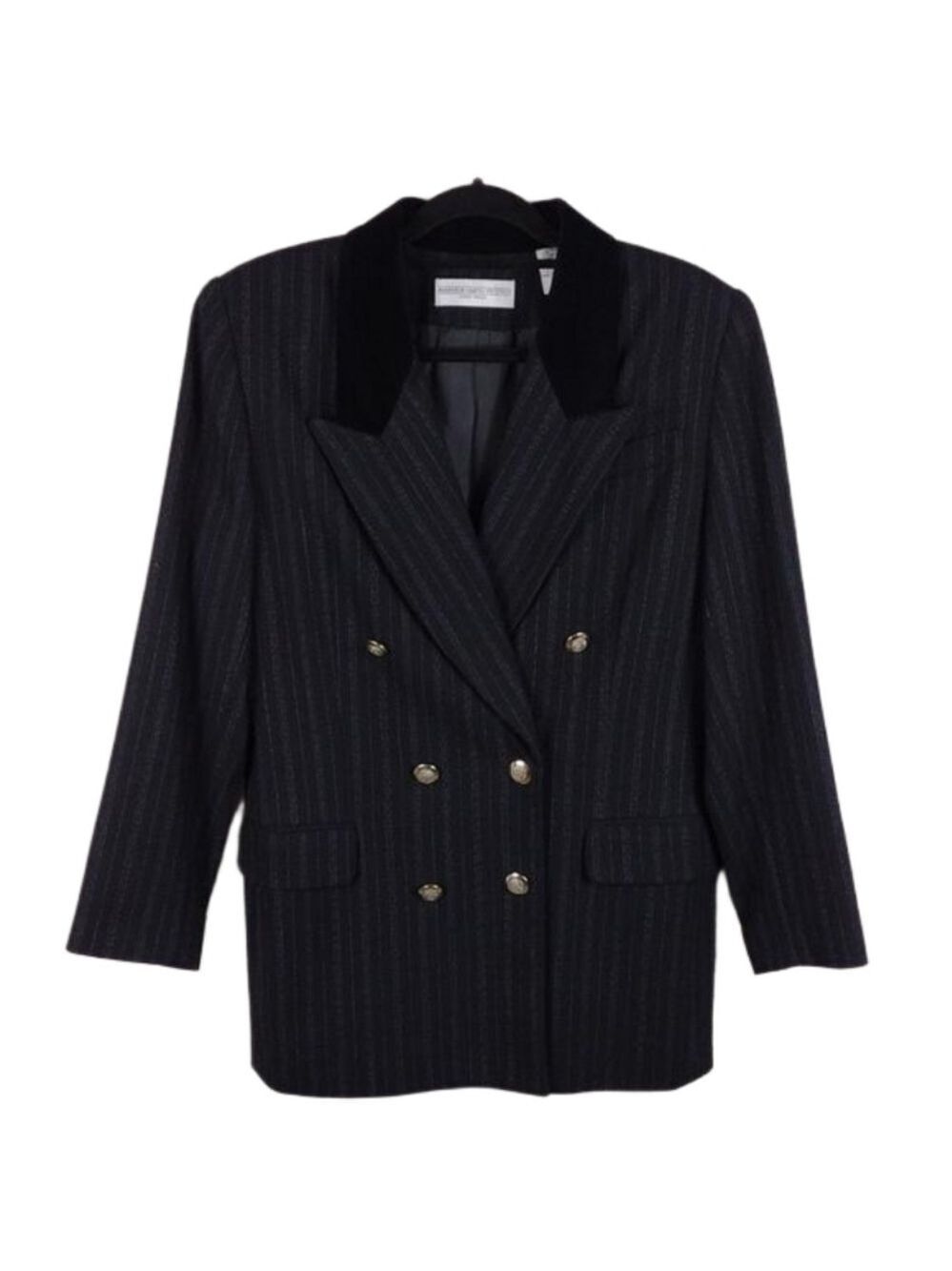 Amanda Smith Petites Wool Black Pin Striped Velvet Collar Double Breasted Blazer